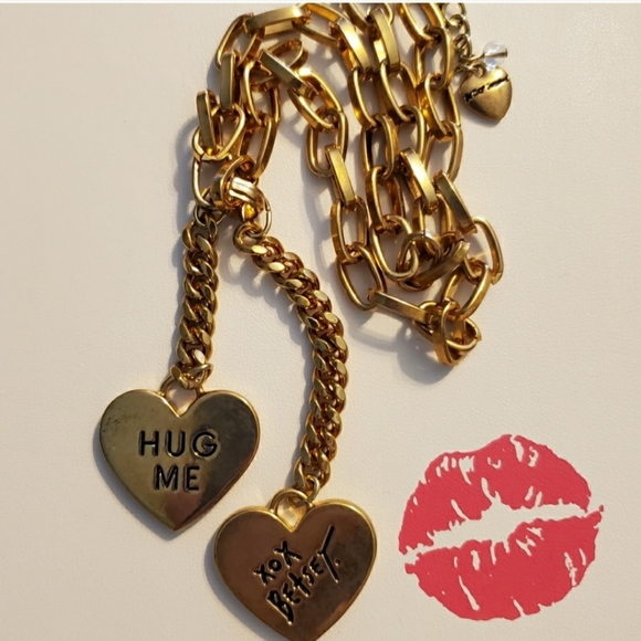 Betsey Johnson Jewelry - Betsey Johnson Chain & Heart Charm Necklace with 'Hug Me', 'Kiss Me' on one Side